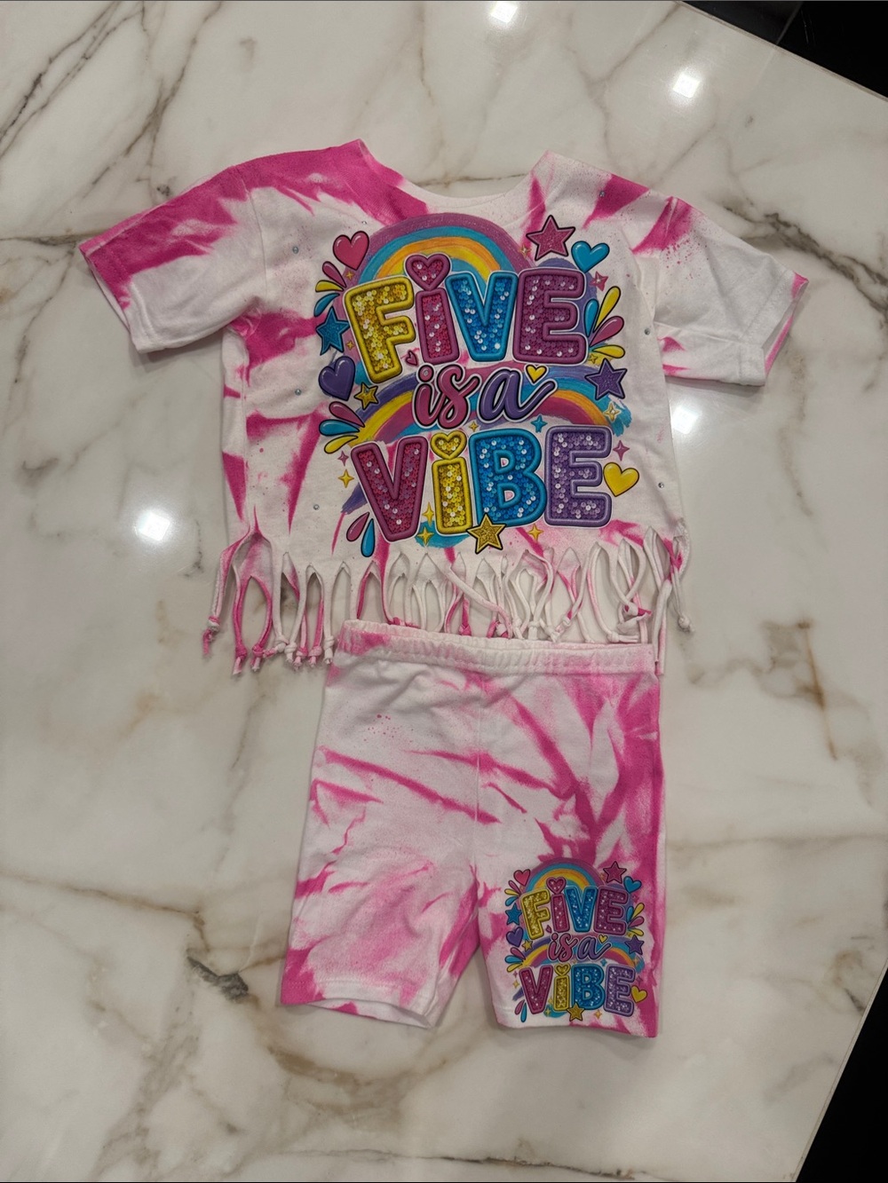 Girls Pink Tie-Dye 'Five is a Vibe' Fringe Tee & Shorts Set